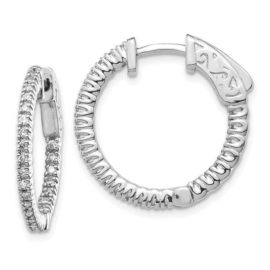 14k White Gold Diamond Round Hoop with Safety Clasp Earrings