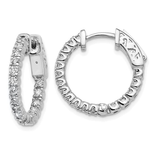 14k White Gold Diamond Round Hoop with Safety Clasp Earrings