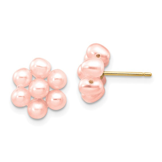 14k 3-4mm Pink Egg Freshwater Cultured Pearl Flower Earrings