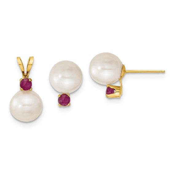 14k 7-8mm White FW Cultured Pearl and Ruby Stud Earrings and Pendant