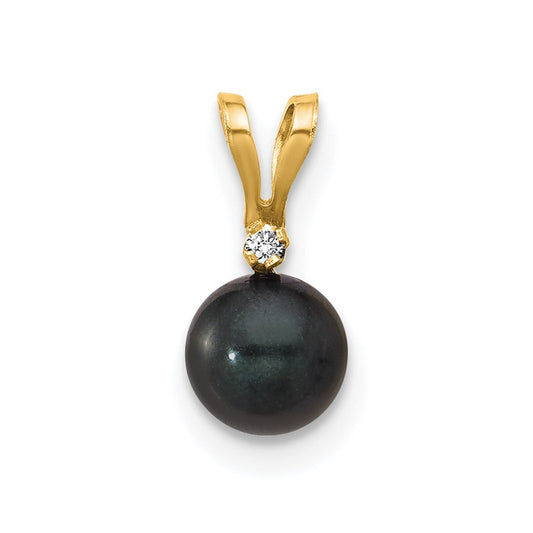 14k 5-6mm Black Round Saltwater Akoya Cultured Pearl Diamond Pendant