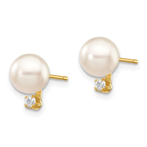 14k 6-7mm White Round Saltwater Akoya Cultured Pearl Diamond Post Earrings