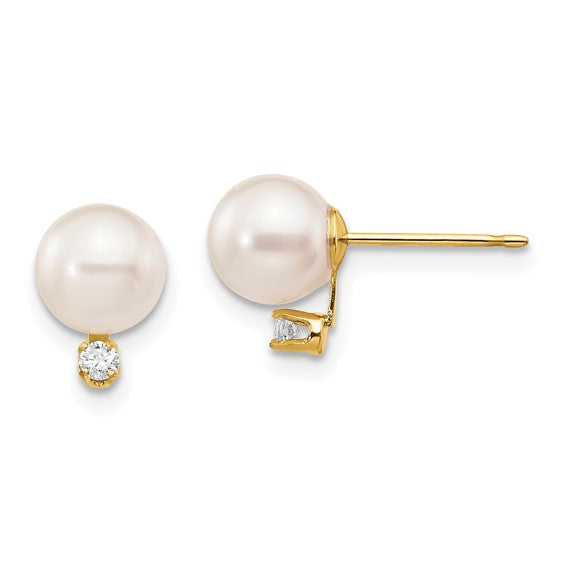 14k 6-7mm White Round Saltwater Akoya Cultured Pearl Diamond Post Earrings