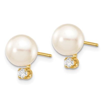 14k 7-8mm White Round Saltwater Akoya Cultured Pearl Diamond Post Earrings