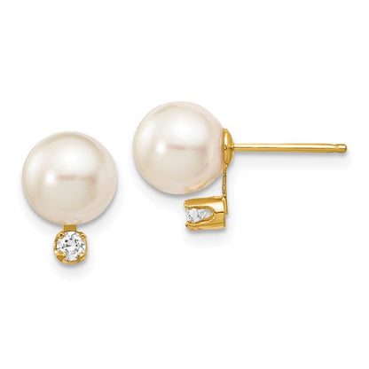 14k 7-8mm White Round Saltwater Akoya Cultured Pearl Diamond Post Earrings