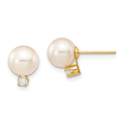 14k 7-8mm White Round Freshwater Cultured Pearl .10ct Diamond Post Earrings