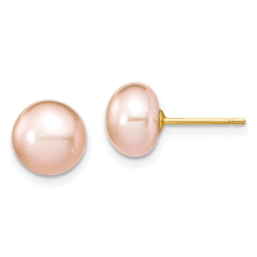 14k 7-8mm Near Round Pink FWC Pearl Necklace and Button Earring Set