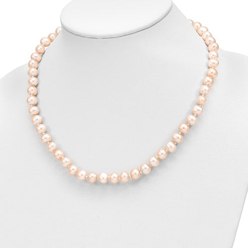 14k 7-8mm Near Round Pink FWC Pearl Necklace and Button Earring Set