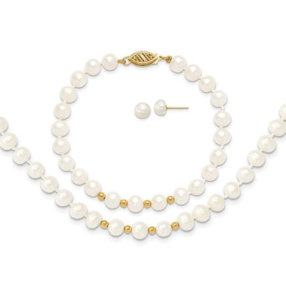 14k 6-7mm White FW Cultured Pearl 18in. Necklace 7.25 Bracelet Earring Set