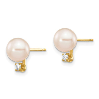 14k 6-7mm White Round Freshwater Cultured Pearl .06ct Diamond Post Earrings