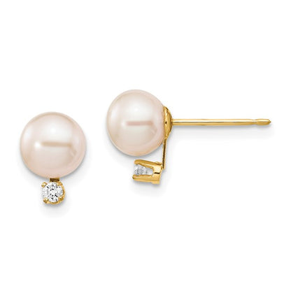 14k 6-7mm White Round Freshwater Cultured Pearl .06ct Diamond Post Earrings