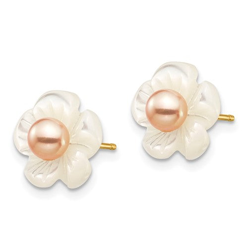 14k 3-4mm Pink FW Cultured Pearl with 10mm MOP Flower Post Earrings