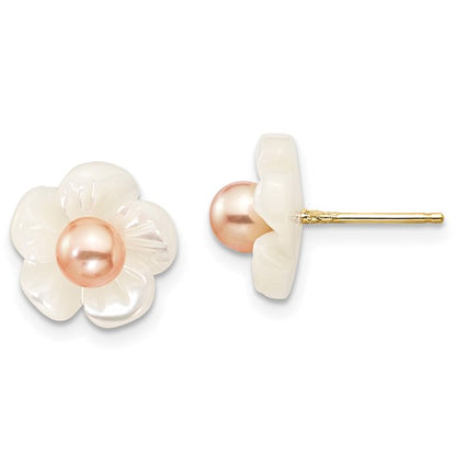 14k 3-4mm Pink FW Cultured Pearl with 10mm MOP Flower Post Earrings