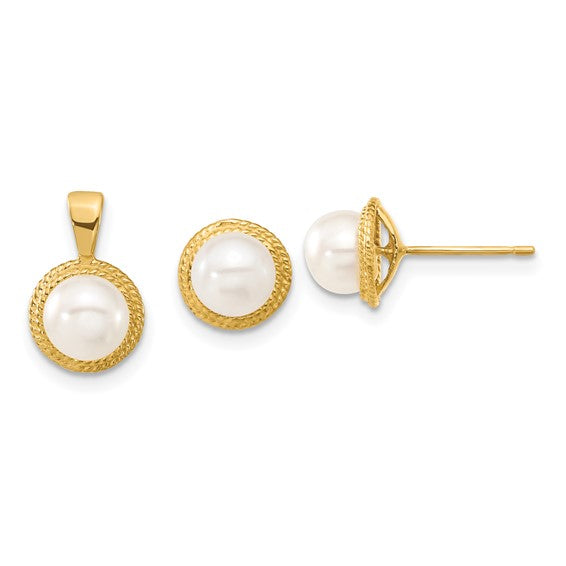 14k 5-6mm White Button FWC Pearl Earring and Pendant Set