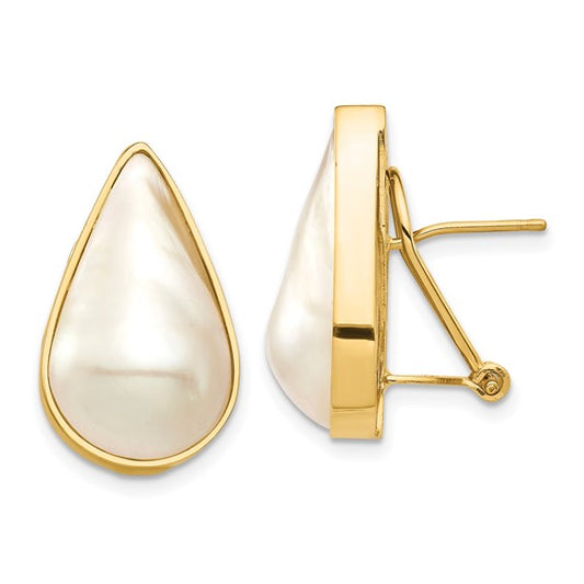 14K 12x20 White Pear Saltwater Cultured Mabe Pearl Omega Back Earrings