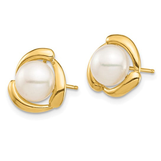 14K 7-8mm Yellow Button Freshwater Cultured Pearl Post Earrings