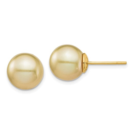 14K 10-11mm Golden Round Saltwater Cultured South Sea Pearl Post Earrings