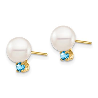 14K 7-7.5mm White Round FW Cultured Pearl Swiss Blue Topaz Post Earrings