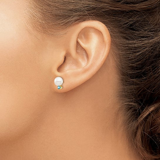 14K 7-7.5mm White Round FW Cultured Pearl Swiss Blue Topaz Post Earrings