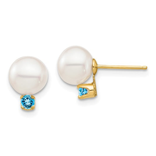 14K 7-7.5mm White Round FW Cultured Pearl Swiss Blue Topaz Post Earrings