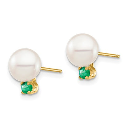 14K 7-7.5mm White Round Freshwater Cultured Pearl Emerald Post Earrings