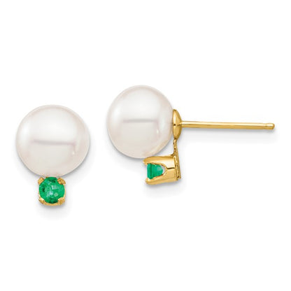 14K 7-7.5mm White Round Freshwater Cultured Pearl Emerald Post Earrings