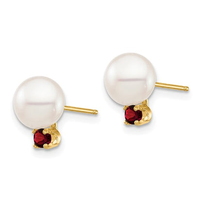 14K 7-7.5mm White Round Freshwater Cultured Pearl Garnet Post Earrings