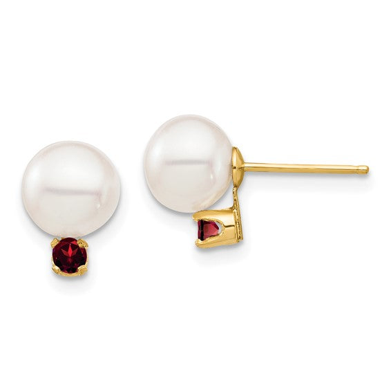14K 7-7.5mm White Round Freshwater Cultured Pearl Garnet Post Earrings