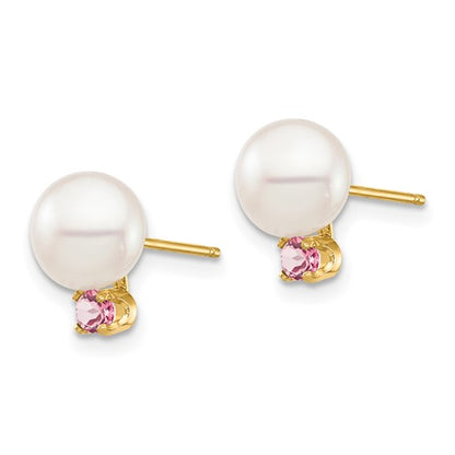 14K 7-7.5mm White Round Freshwater Cultured Pearl Pink Topaz Post Earrings