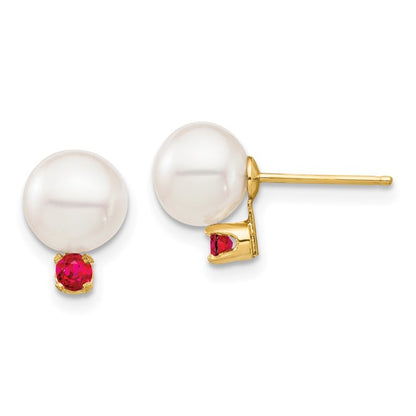 14K 7-7.5mm White Round Freshwater Cultured Pearl Ruby Post Earrings