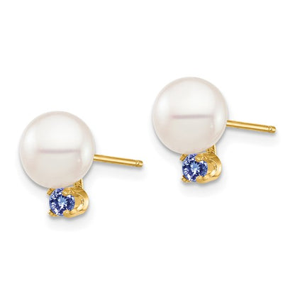 14K 7-7.5mm White Round Freshwater Cultured Pearl Tanzanite Post Earrings