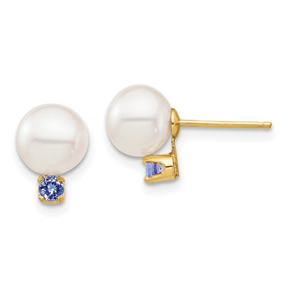 14K 7-7.5mm White Round Freshwater Cultured Pearl Tanzanite Post Earrings