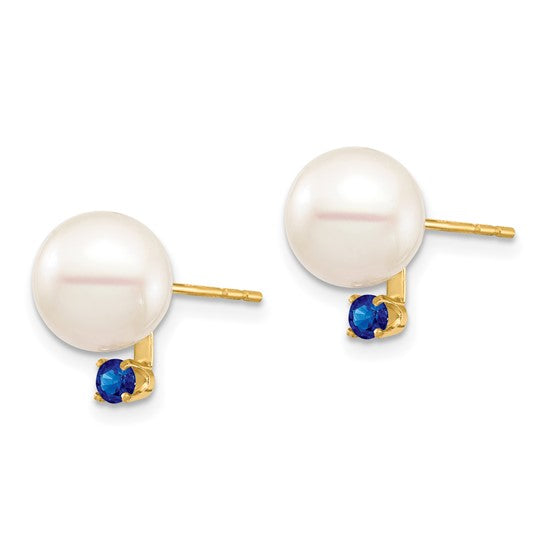 14K 8-8.5mm White Round Freshwater Cultured Pearl Sapphire Post Earrings