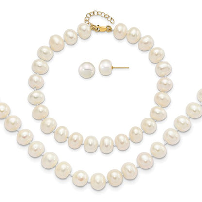 14K 8-9mm Near Round White FWC Pearl Earring with 1in ext. Bracelet with 2in ext Necklace
