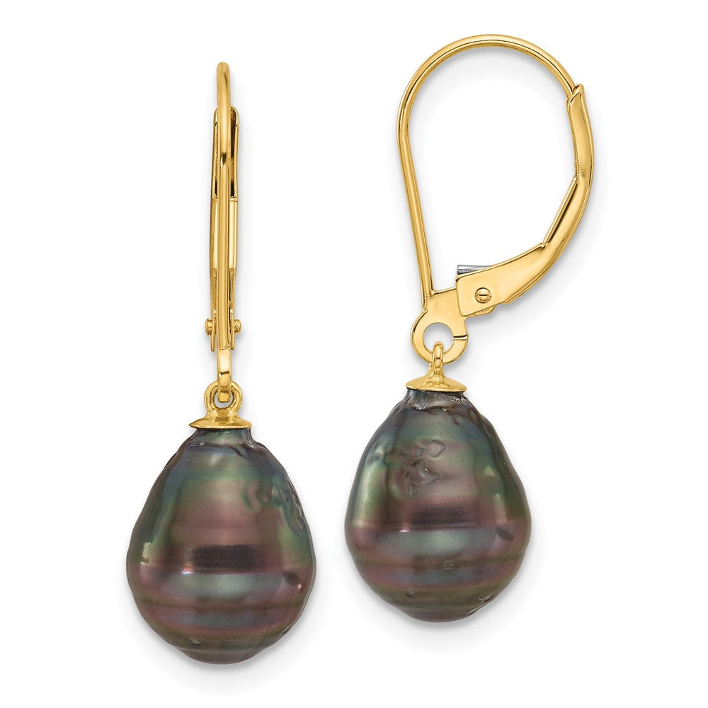 14K 8-9mm Teardrop Blk Saltwater Tahitian Pearl Leverback Earrings