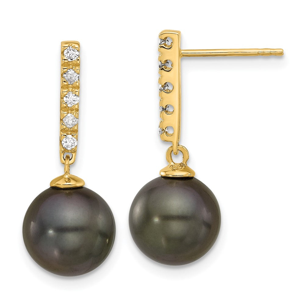 14K 9-10mm Round Black Tahitian Pearl and .20ct Dia Post Dangle Earrings