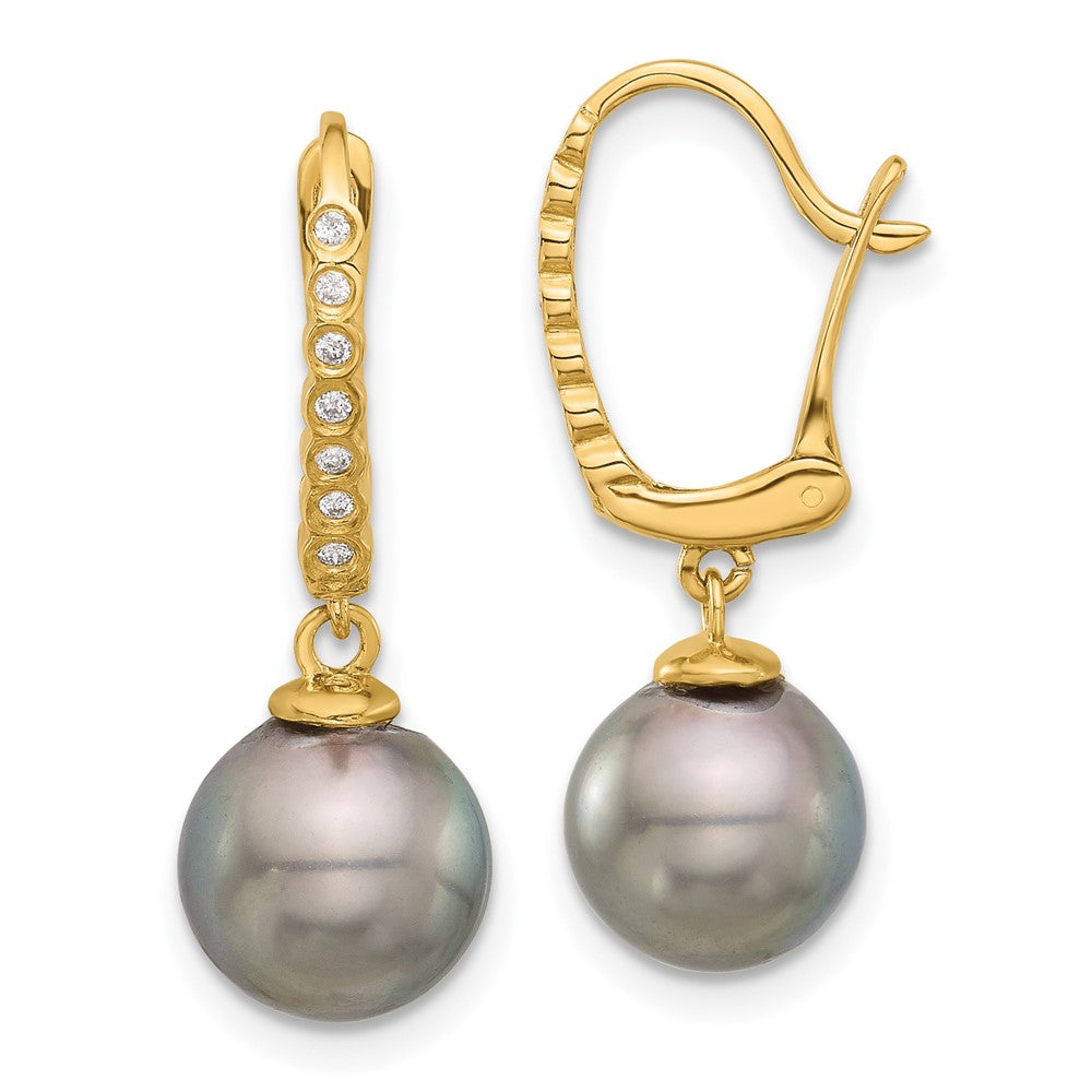14K 8-9mm Round Black Tahitian Pearl and .07ct Diamond Dangle Earrings