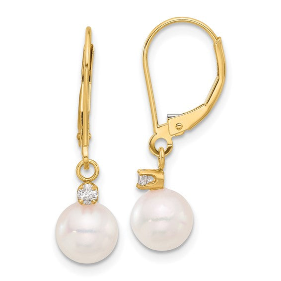 14K 7-8mm Round White Akoya Pearl .10ct Dia Dangle Leverback Earrings