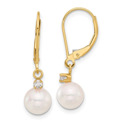 14K 7-8mm Round White Akoya Pearl .10ct Dia Dangle Leverback Earrings