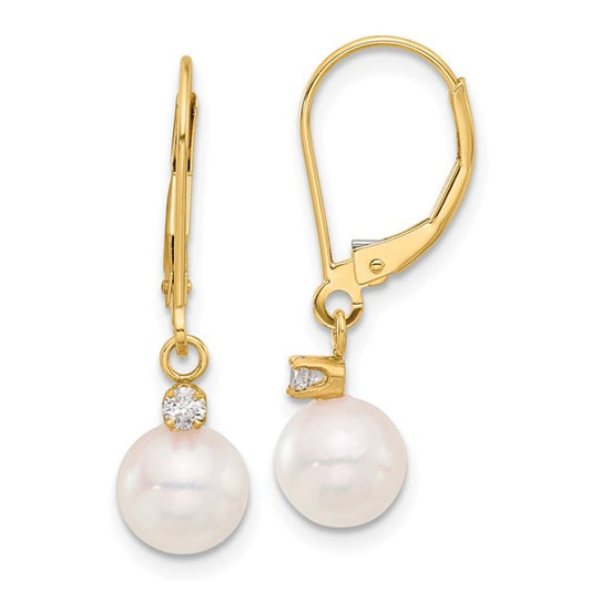14K 7-8mm Round White Akoya Pearl .10ct Dia Dangle Leverback Earrings