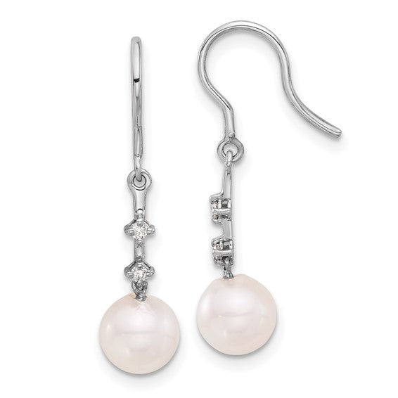 14K White Gold 7-8mm Wht Akoya Pearl .04ct Dia Shepherd Hook Earrings