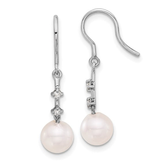 14K White Gold 7-8mm Wht Akoya Pearl .04ct Dia Shepherd Hook Earrings