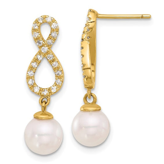 14K 7-8mm Rnd Wht Akoya Pearl and .40ct Dia Infinity Post Dangle Earrings