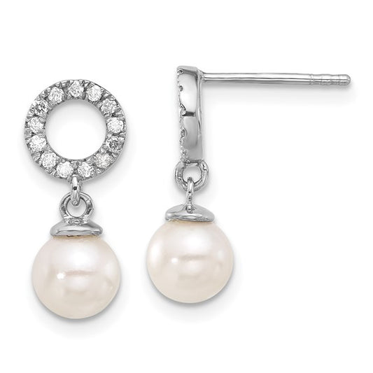 14K White Gold 6-7mm Rnd White Akoya Pearl and .20ct Dia Dangle Earrings