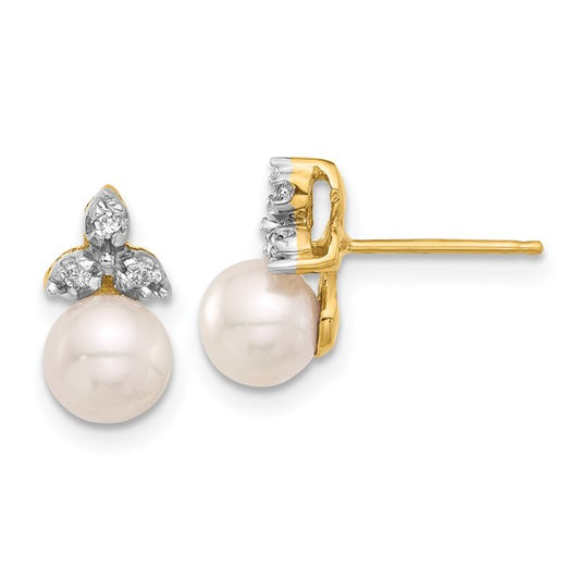 14K 5-6mm Round White FWC Pearl and .06ct Diamond Post Earrings