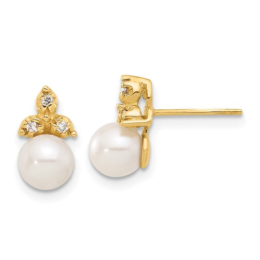 14K 5-6mm Button Freshwater Cultured Pearl .06ct Dia Post Earrings