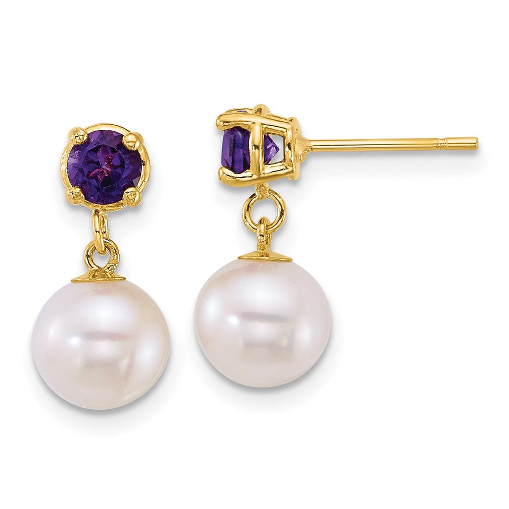 14k 7-8mm Round White FWC Pearl and Amethyst Post Dangle earrings