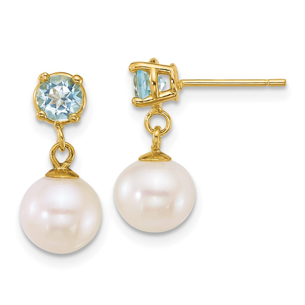 14k 7-8mm Rnd Wht FWC Pearl and Blue Topaz Post Dangle Earrings