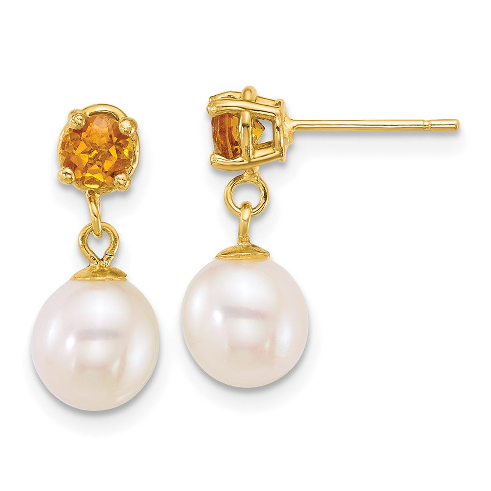 14k 7-8mm Round White FWC Pearl and Citrine Post Dangle Earrings