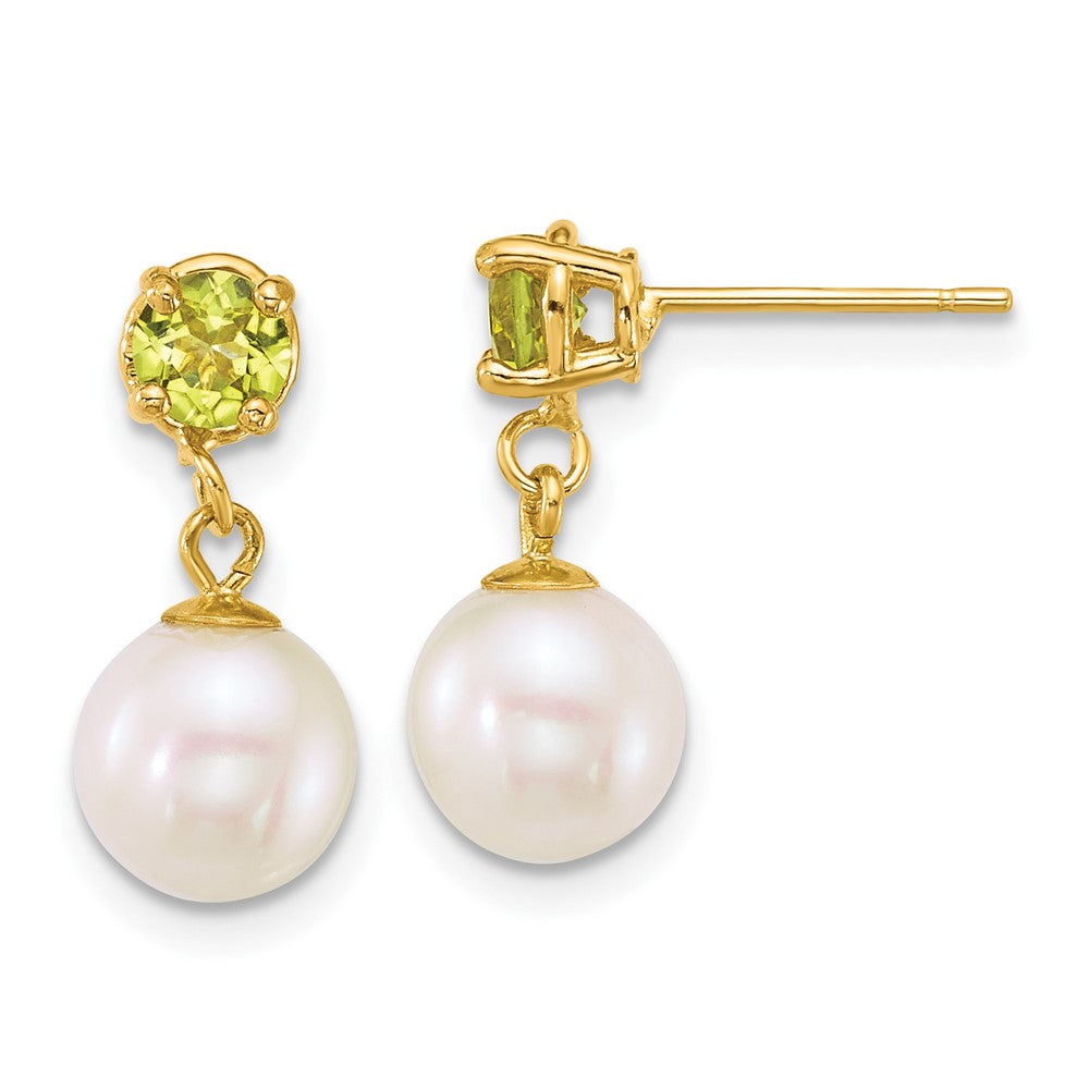 14k 7-8mm Round White FWC Pearl and Peridot Post Dangle Earrings